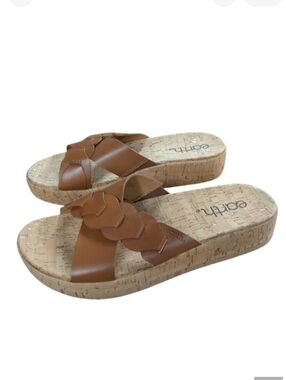 Earth Scotti Platform Leather Dark Natural Slide Sandal Size 8.5